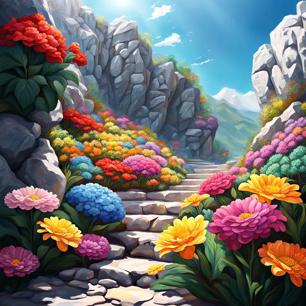 Hyperrealistic Giant Flowers in Stone Garden