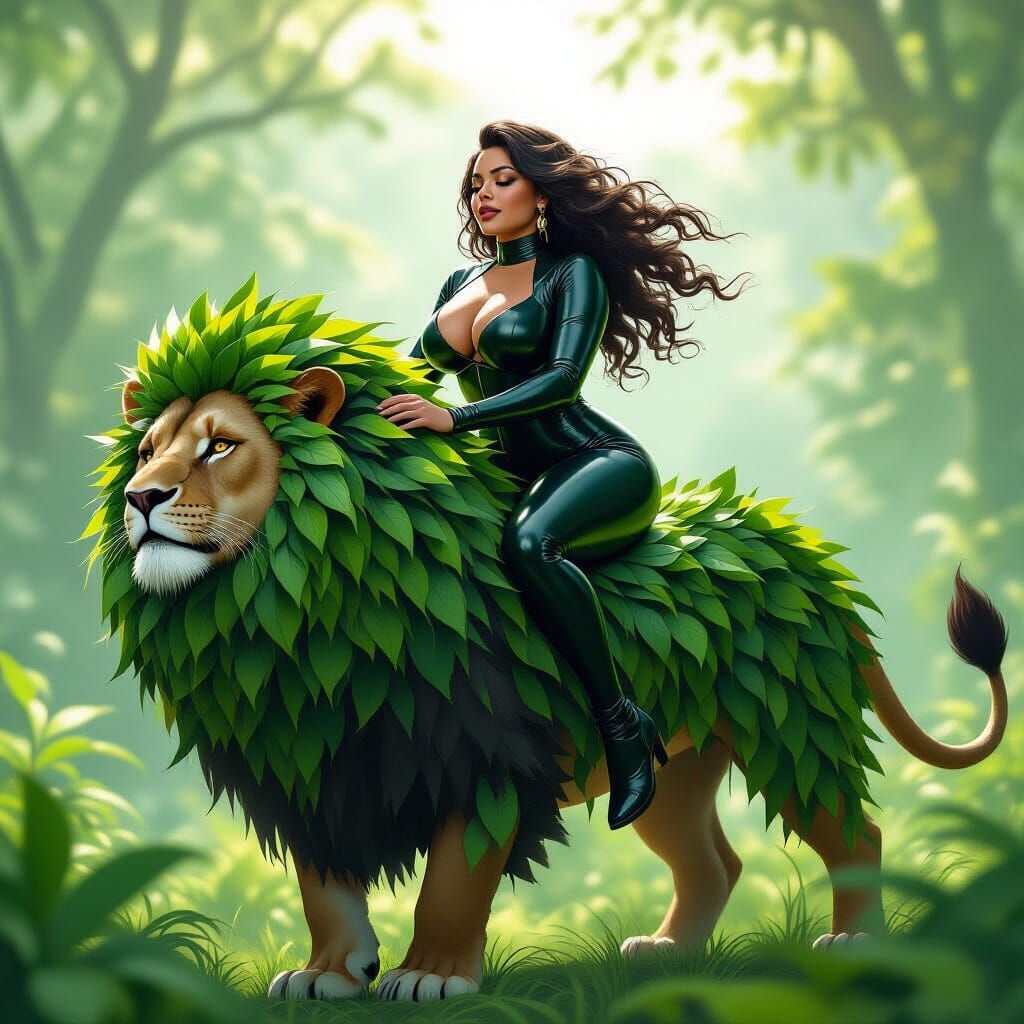 Dominican Woman Rides Lion of Leaves