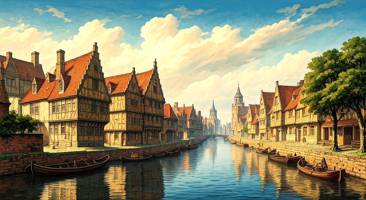 Medieval European Town in the Clouds, Watercolour Painting