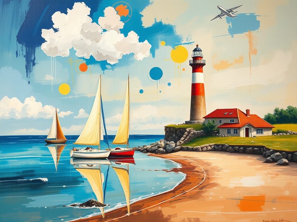 Abstract Seaside Landscape in Cubist Surrealist Style