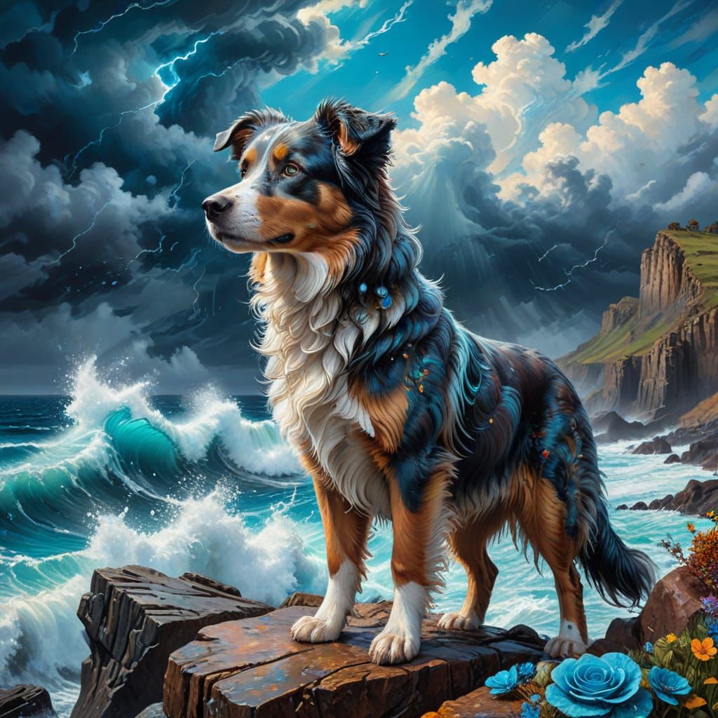 Blue-Eyed Australian Shepherd on Windswept Coastline
