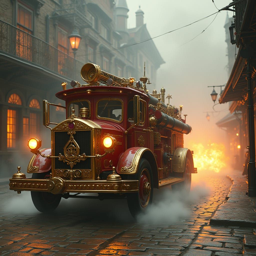 Steampunk Fire Engine Rides to Inferno in Foggy City