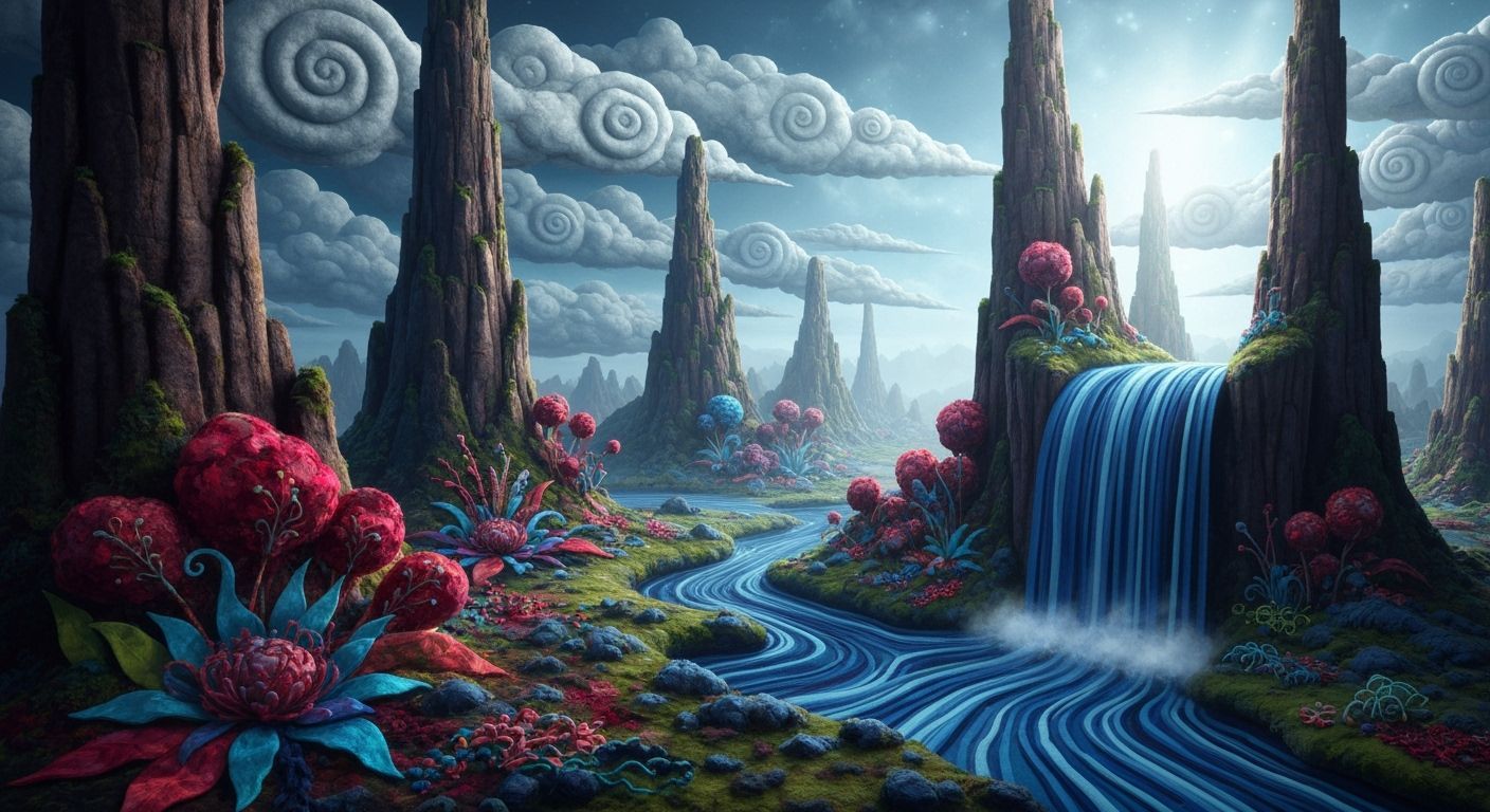 Surreal Felt Landscape with Spiraling Cliffs