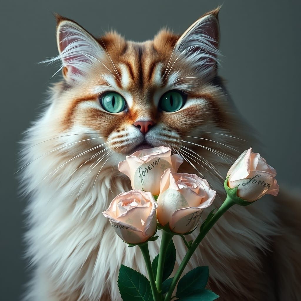 Cat Blowing Diamond Roses with Green Script