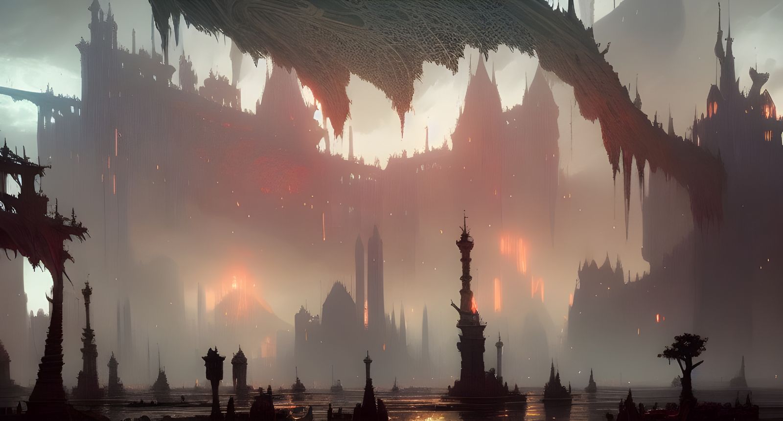 Dark Fantasy Landscape by Alphonse Mucha, 8k