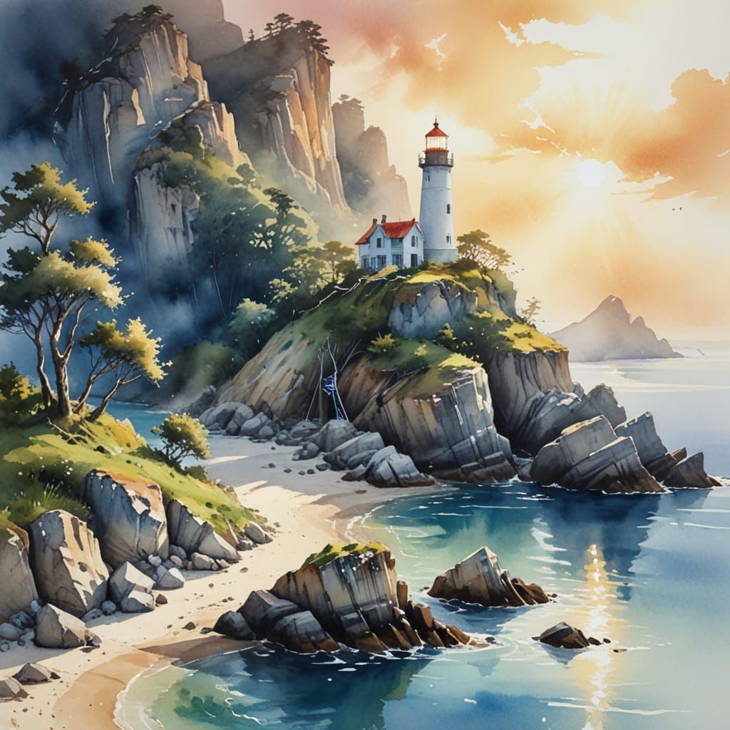 Island Refuge: Lighthouse in Watercolour Seascape