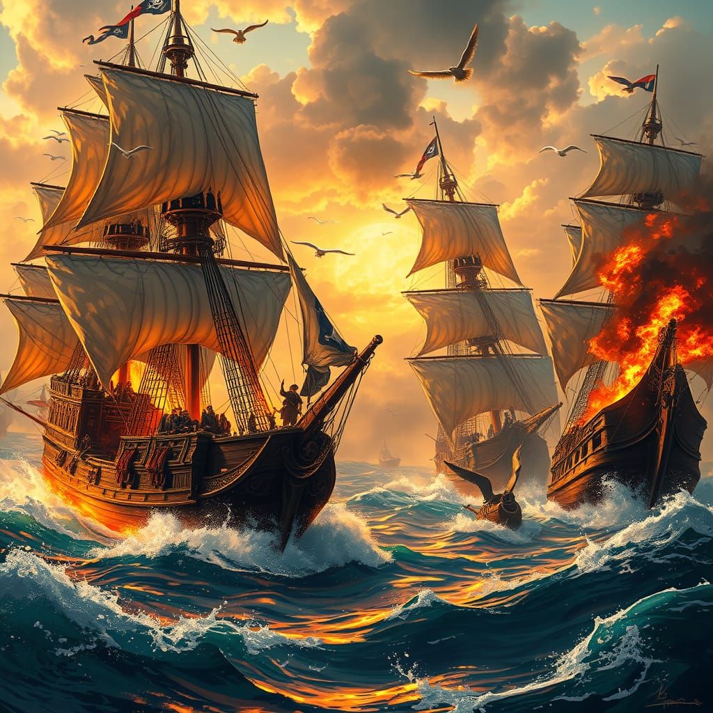 Swashbuckling Sea Battle in Vibrant, Fantastical Style