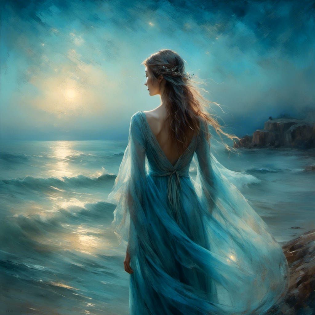 Magical Realism Woman by the Sea at Sunset