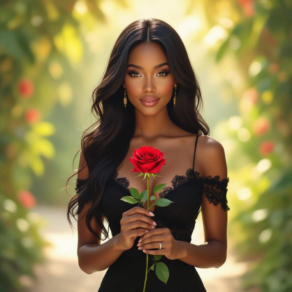 Jamaican Woman with Fire Rose: Digital Impressionism