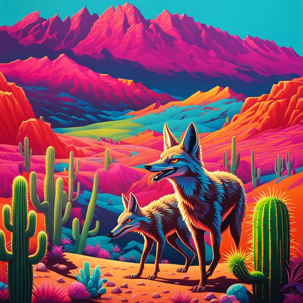 Neon Cartoon Coyotes Chase Roadrunners in Arizona Desert