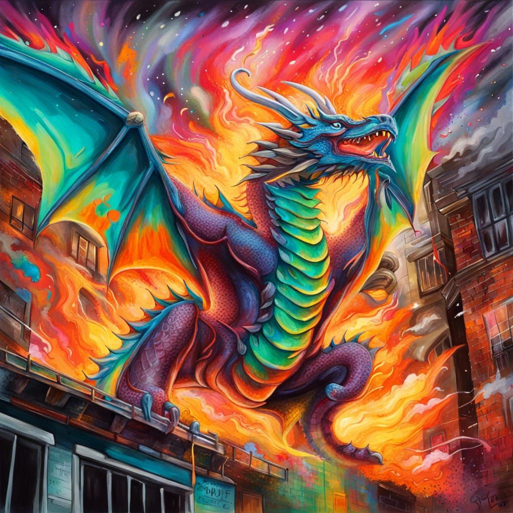 Fluorescent Dragon Flying Above Burning Town as Graffiti Art