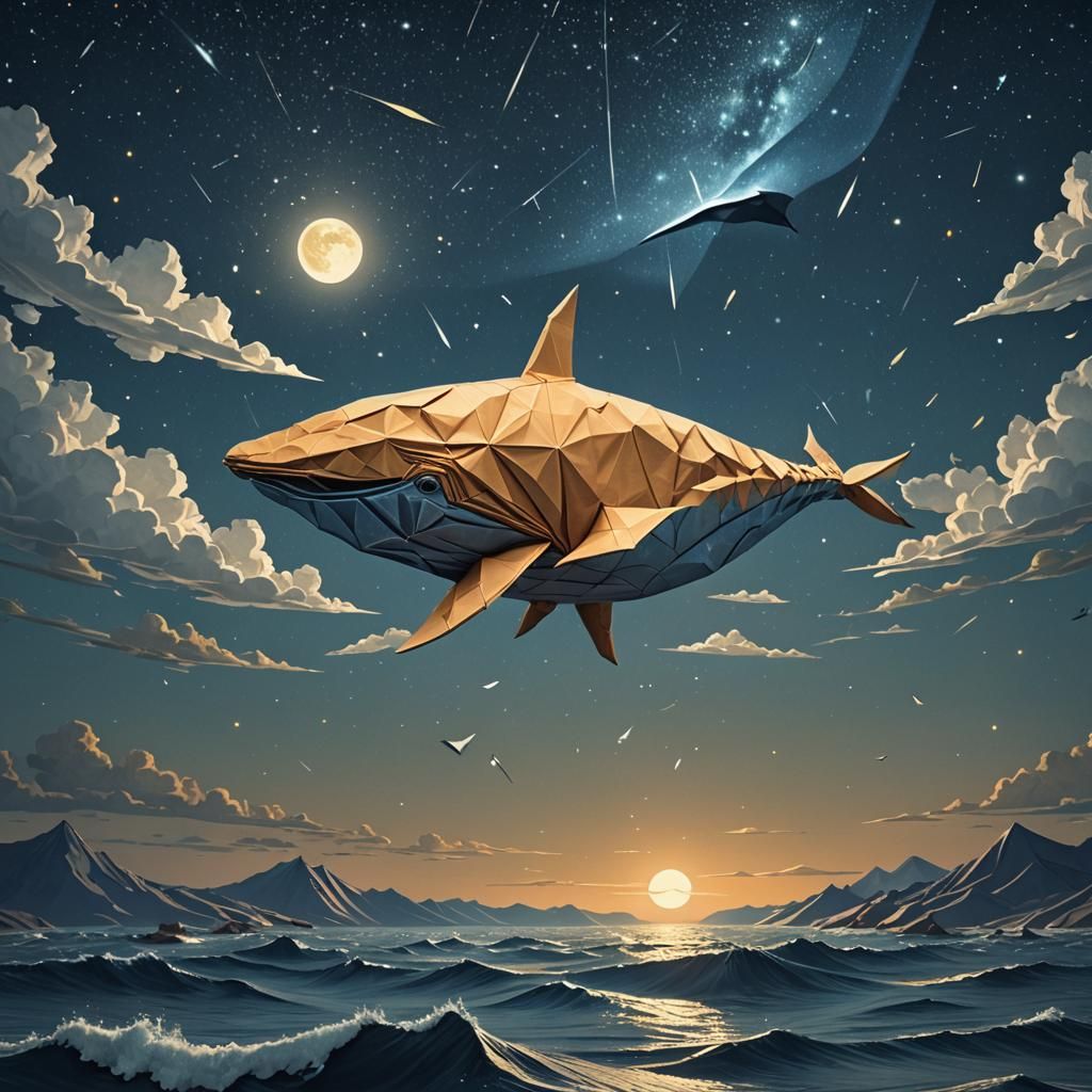 Origami Whale Soaring Under Starry Night Sky