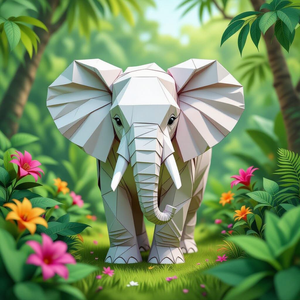 Origami Elephant in Jungle, Digital Rendering
