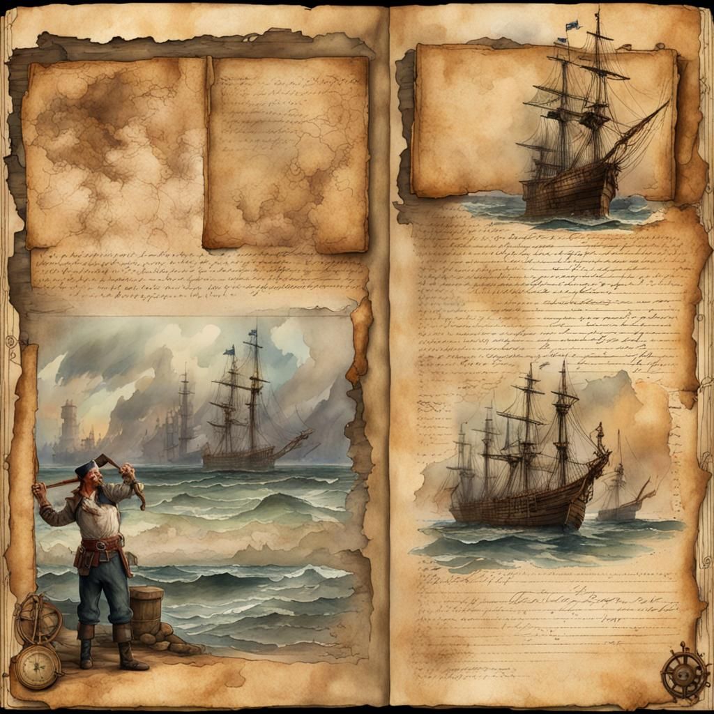 Pirate with Map on Journal Page, Watercolor Style