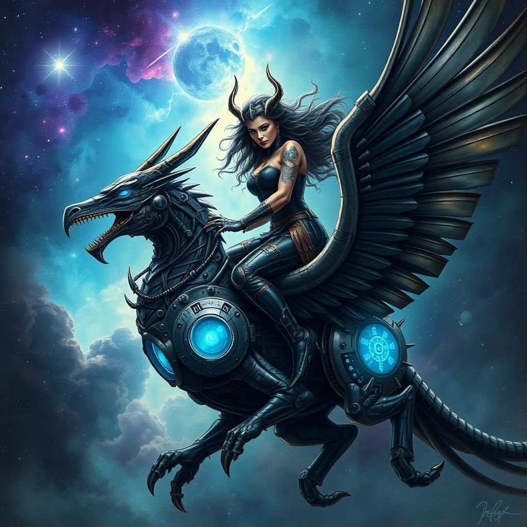 Valkyrie Rides Clockwork Gryphon in Nebula