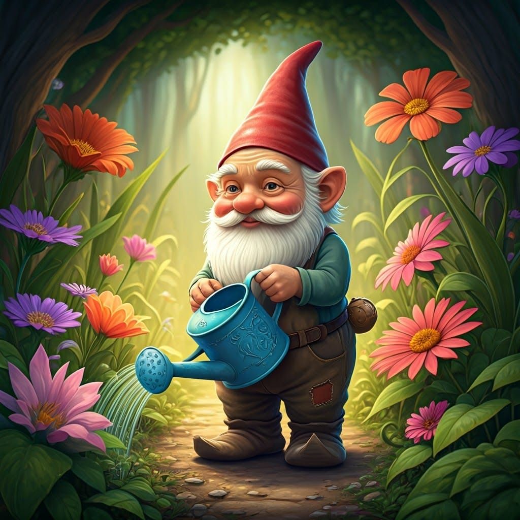 Whimsical Fantasy Gnome Tends to Vibrant Garden in Exaggerat...