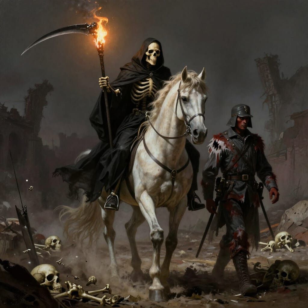 Dark Fantasy Skeletal Rider Approaches With Scythe and Torch