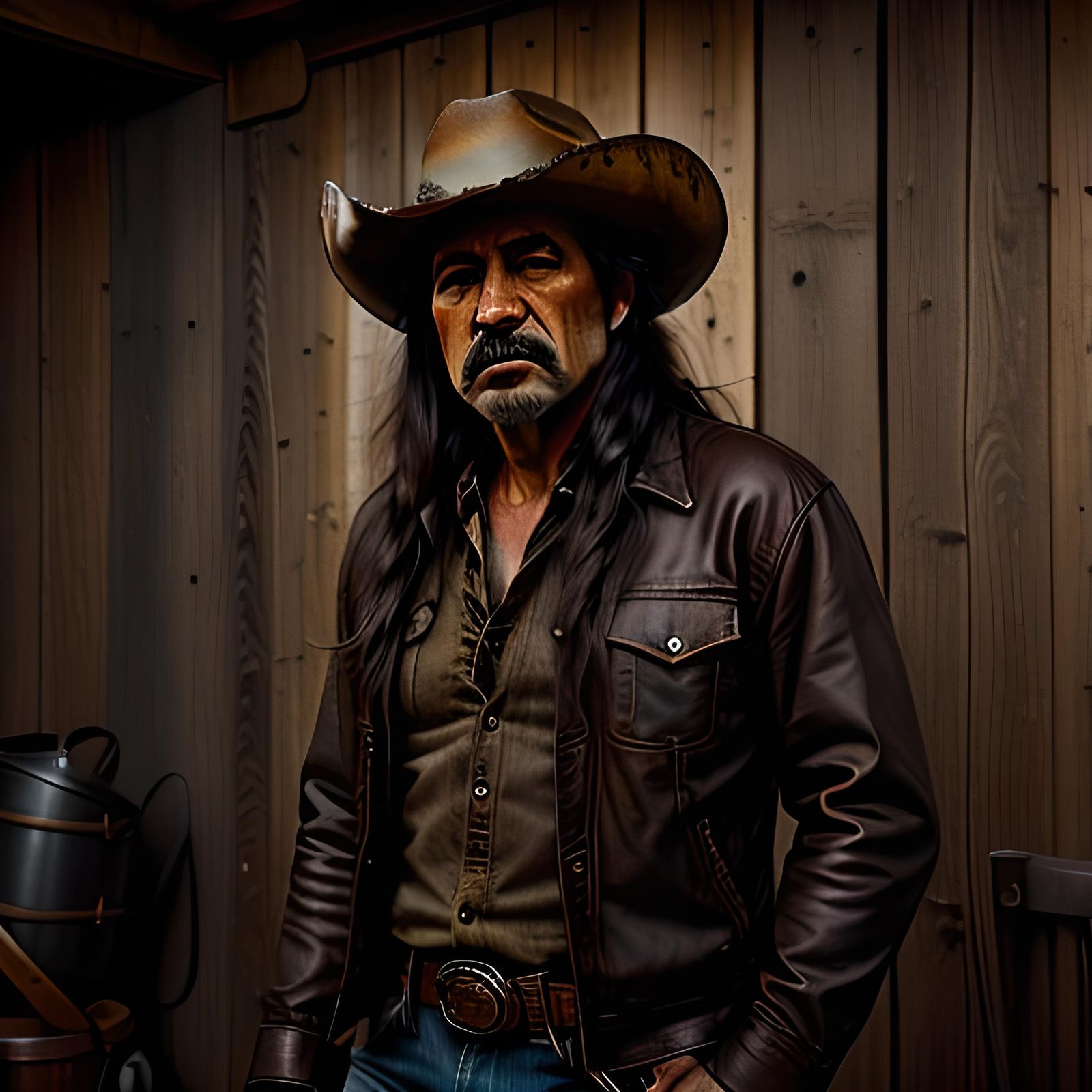 Native American Cowboy in Rustic Barn, Americana Style