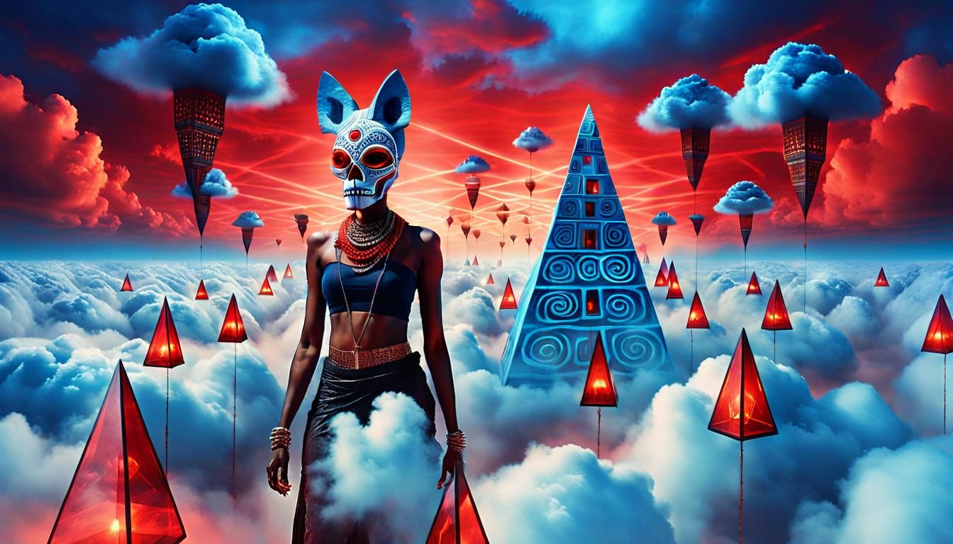 Surreal Digital Art: Woman with Jackal Mask and Pyramid