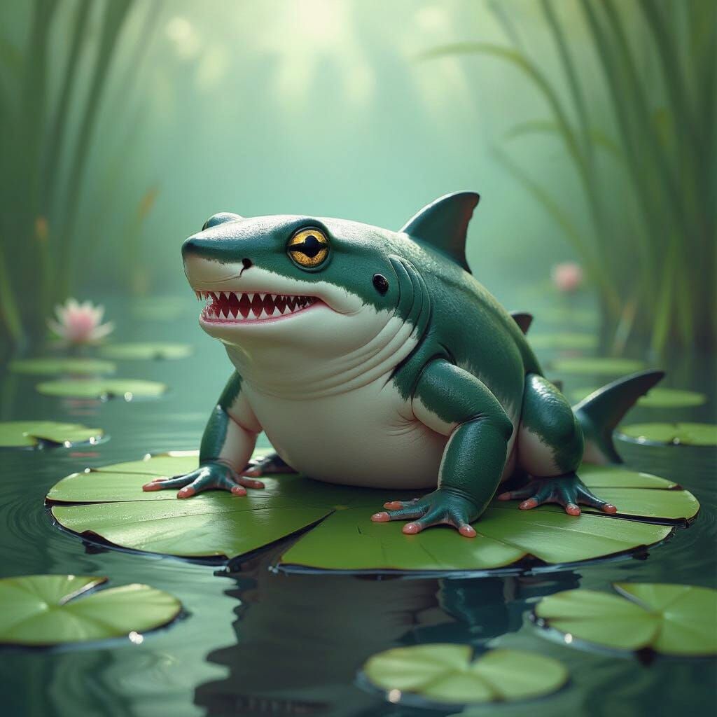 Bizarre Shark-Bullfrog Hybrid Creature on Lily Pad