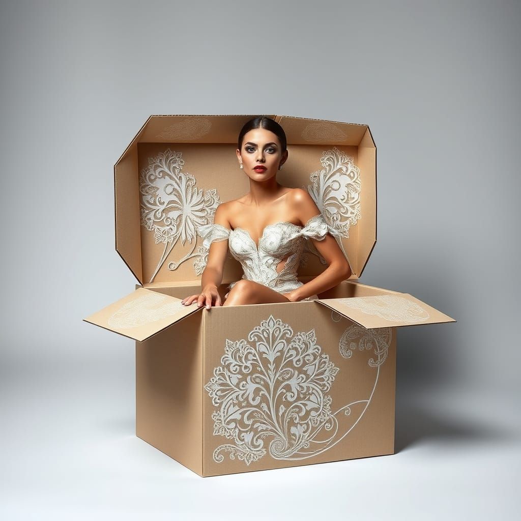 Elegant Model Posing in Avant-Garde Couture Cardboard Box