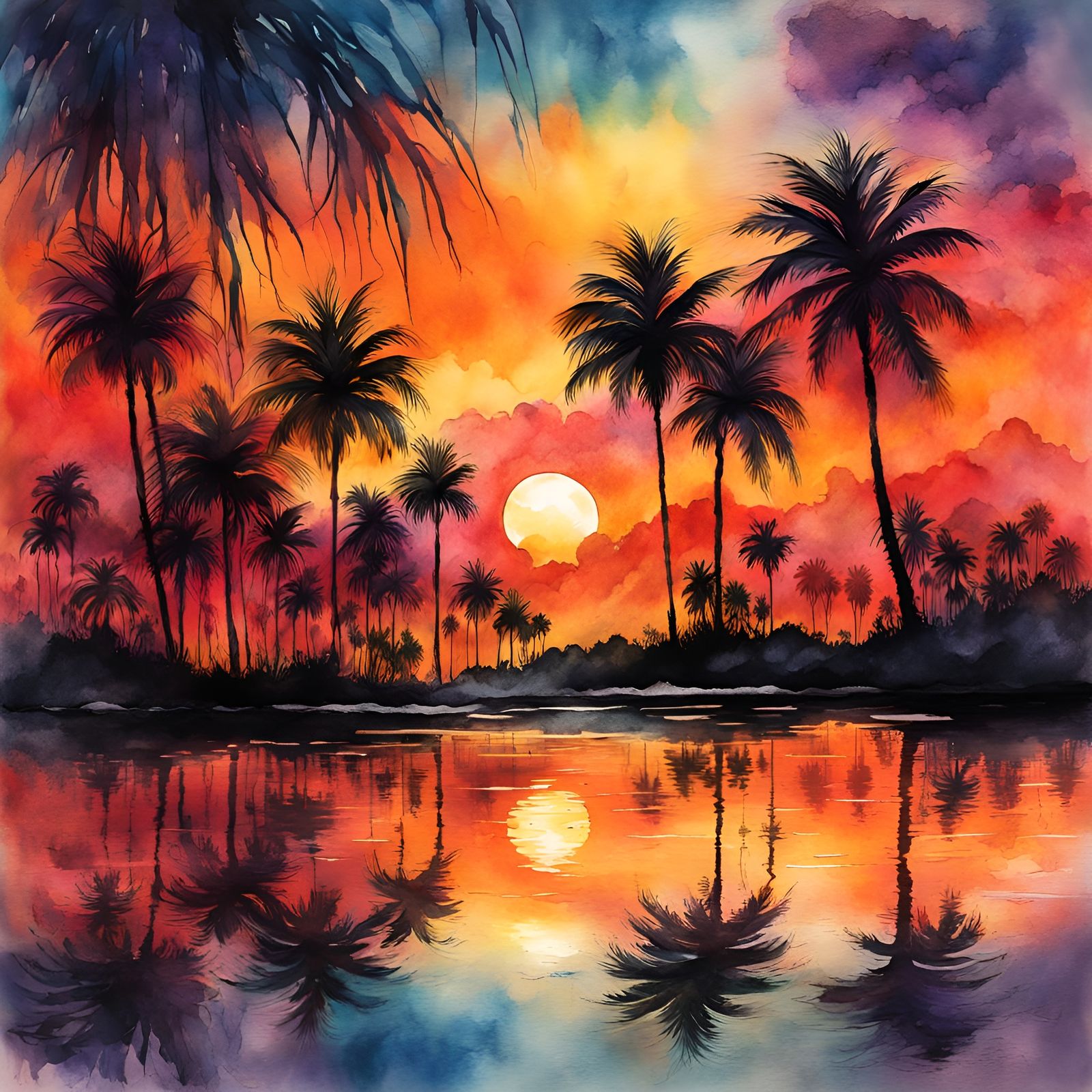 Palm Sunset Watercolor Illustration in Aetherpunk Style
