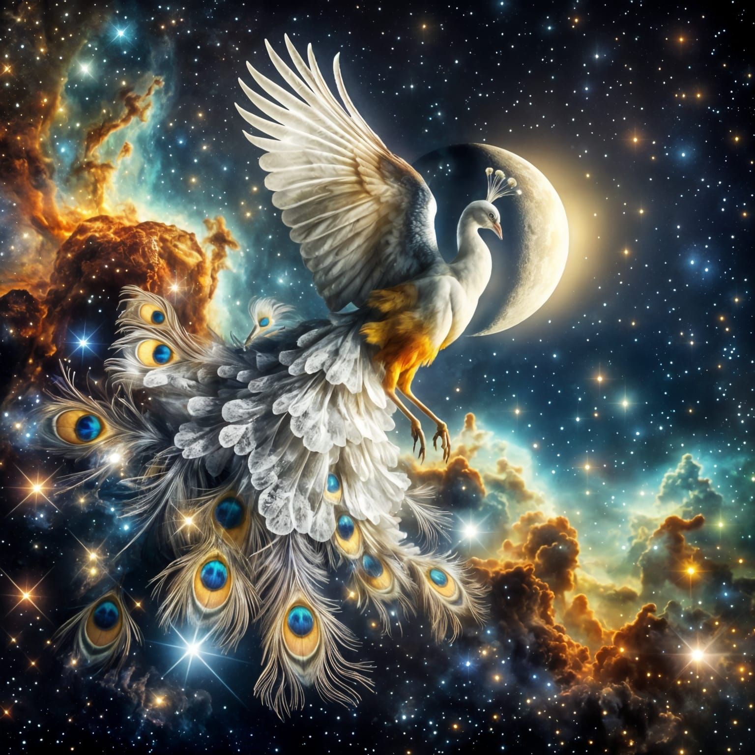 Celestial Peacock Hybrid on Glowing Moon