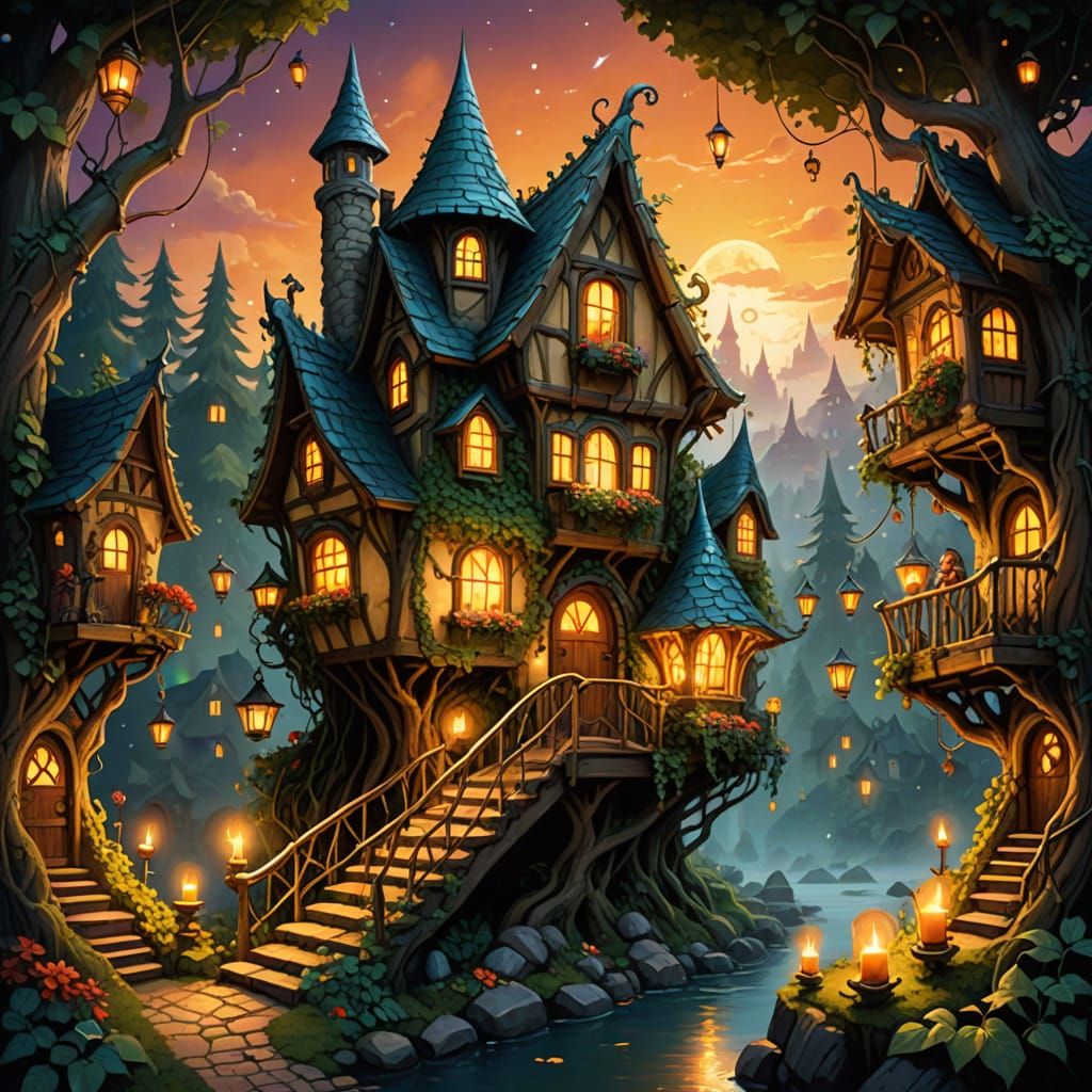 Whimsical Gnome Treehouse at Night