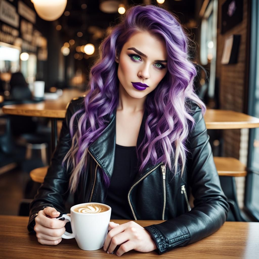 Golden Haired Woman with Viking Braid in Cafe