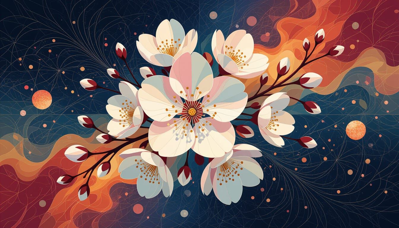 Geometric Cherry Blossom Dreamscape in Expressionist Style