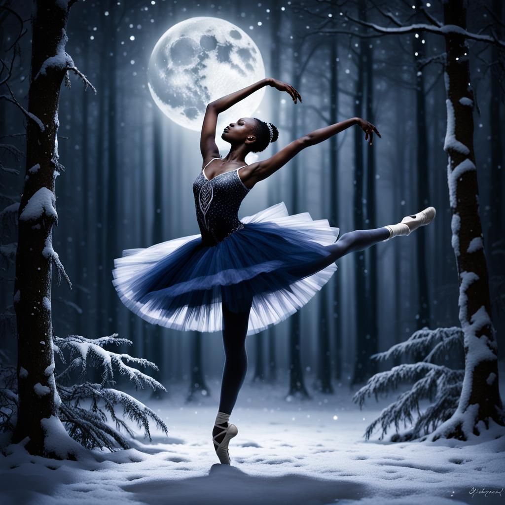 Ballerina Dances in Snowy Forest at Night