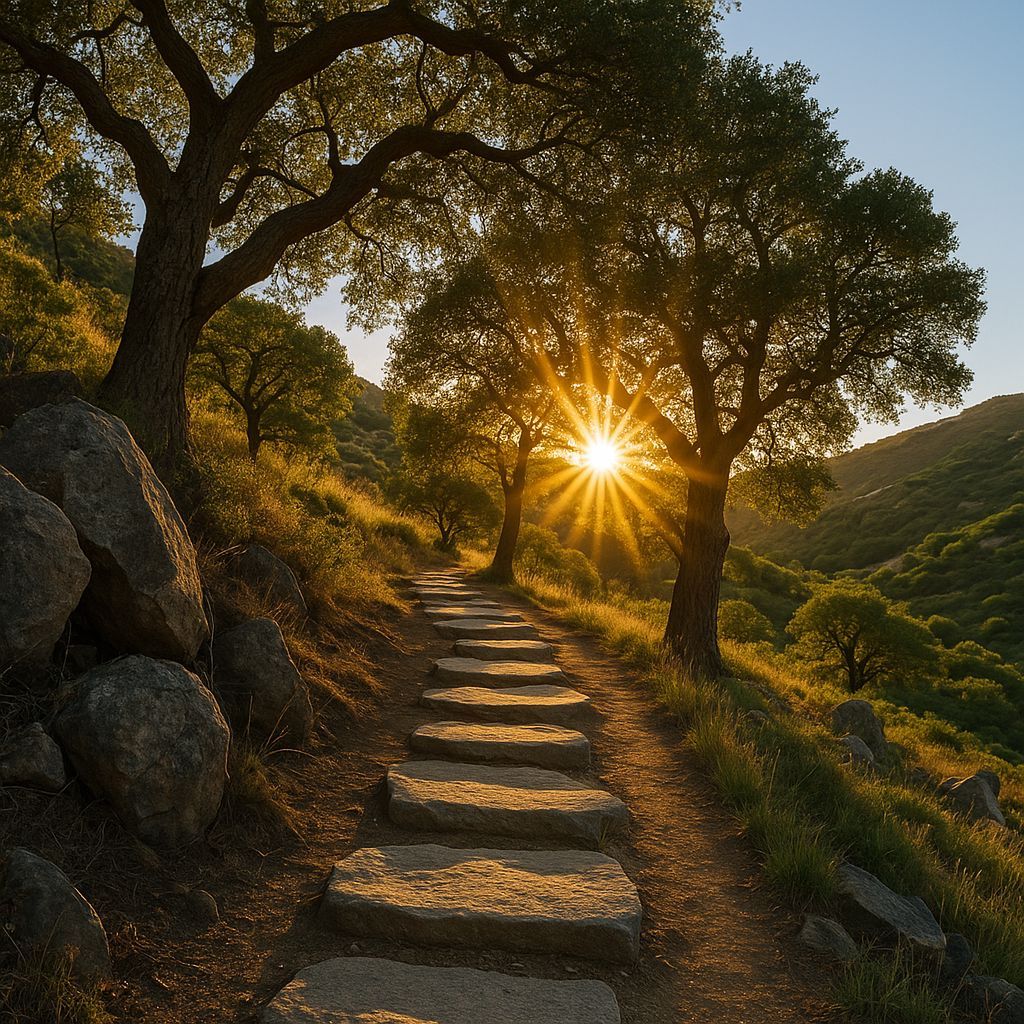 Stone Path Through Hills at Sunset
