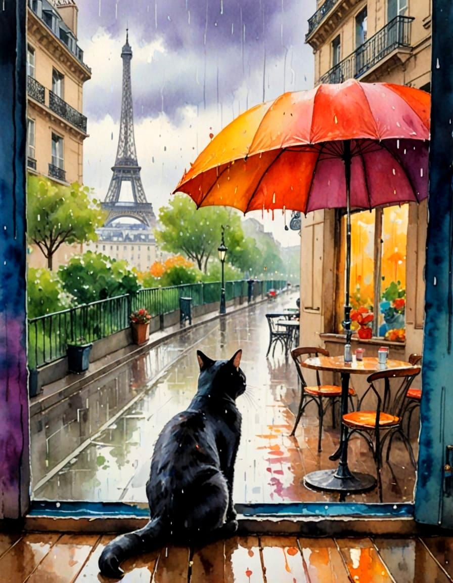 Cozy Paris Apartment Cat Overlooking Rainy Cityscape