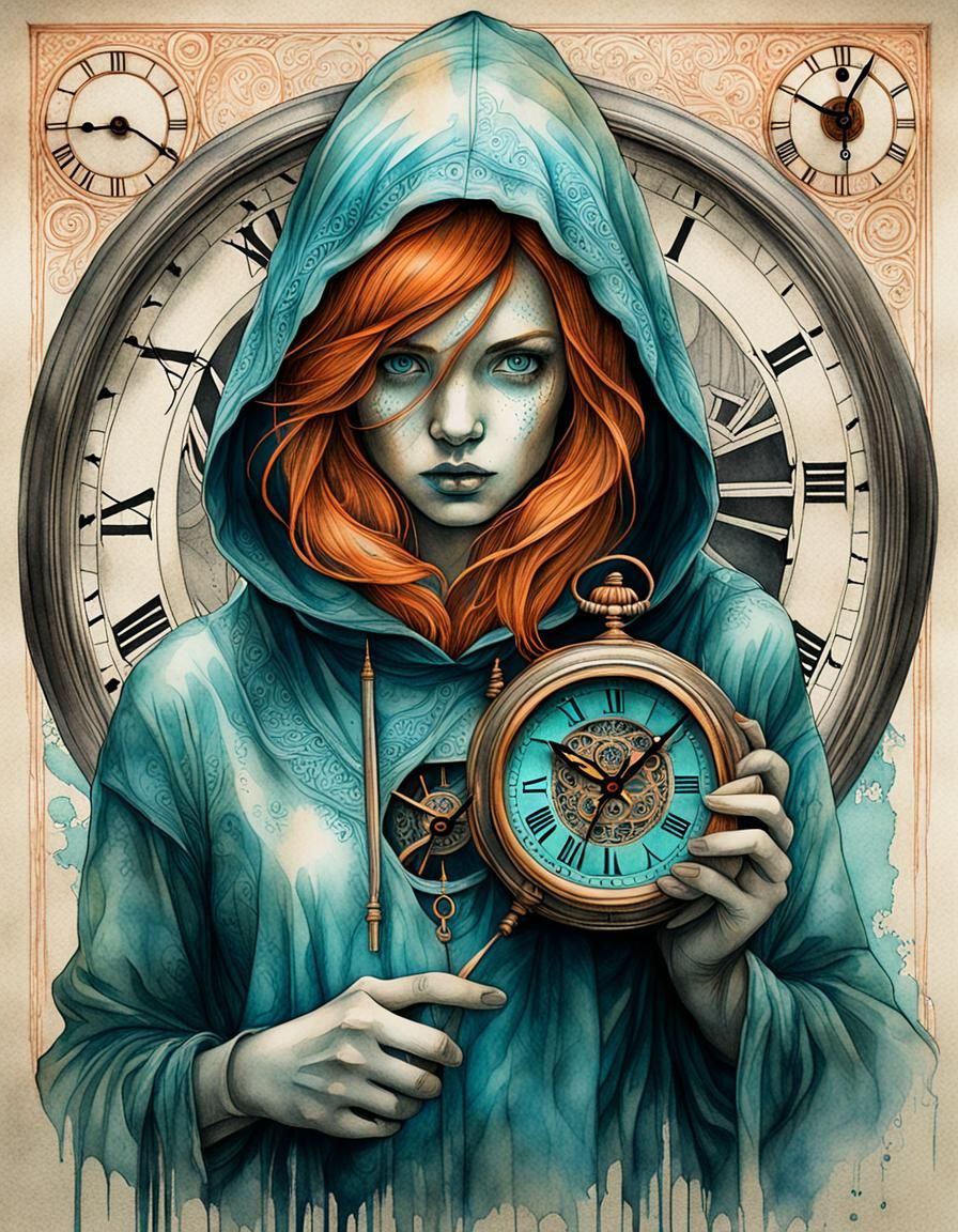Girl with Clock in Retro Watercolor Style