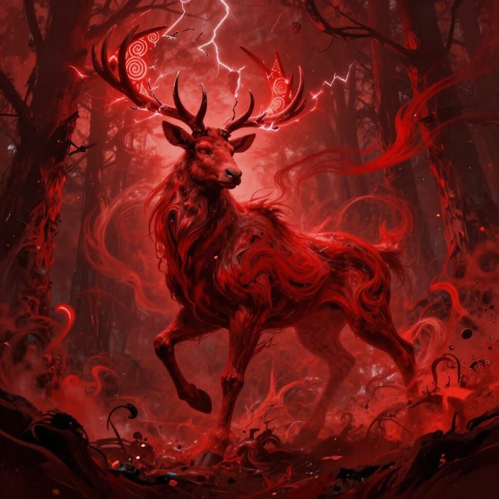 Majestic Celtic Stag Spirit in Crimson Expressionist Style