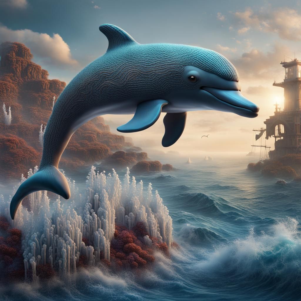 Knitted Dolphin on Knitted Sea: Detailed Matte Painting