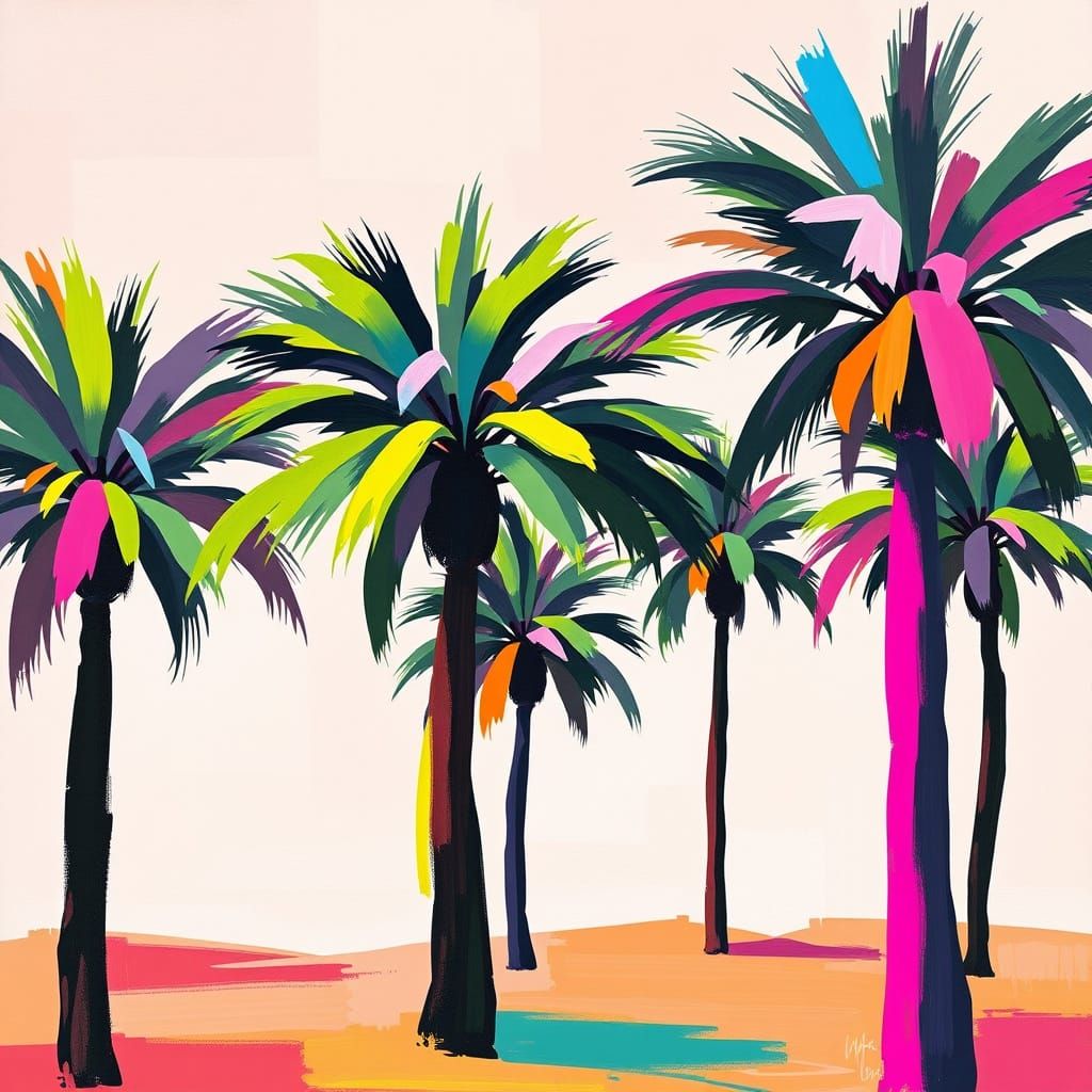 Surreal Modernist Landscape with Palm Trees in Soft Colors a...