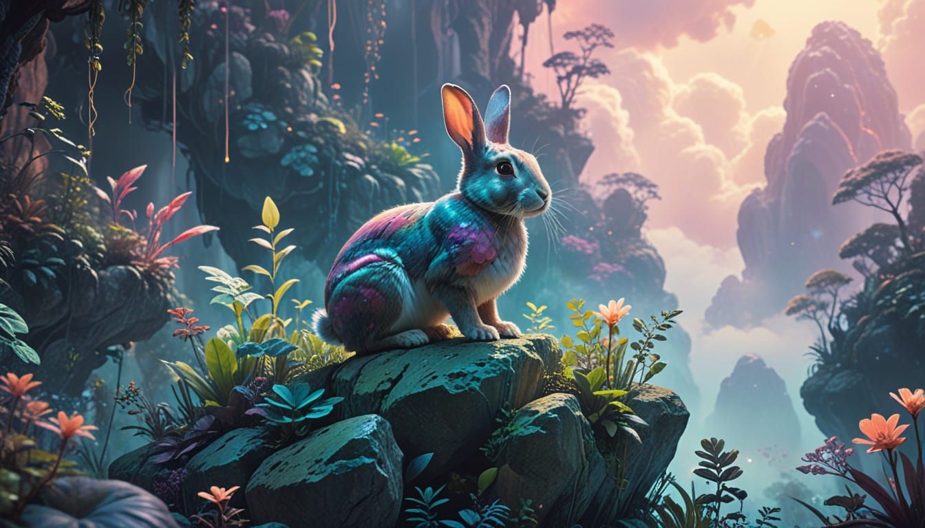 Whimsical Rabbit on Floating Jungle in Pastel Dreamscape