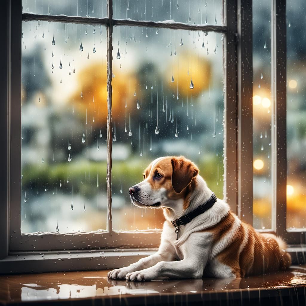 Dog Waiting at Window in Rain, Digital Art