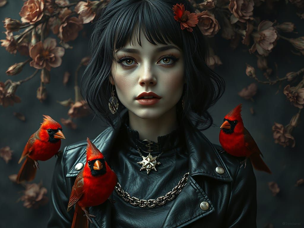 Gothic Portrait of Woman in Leather with Cardinals and Dark ...