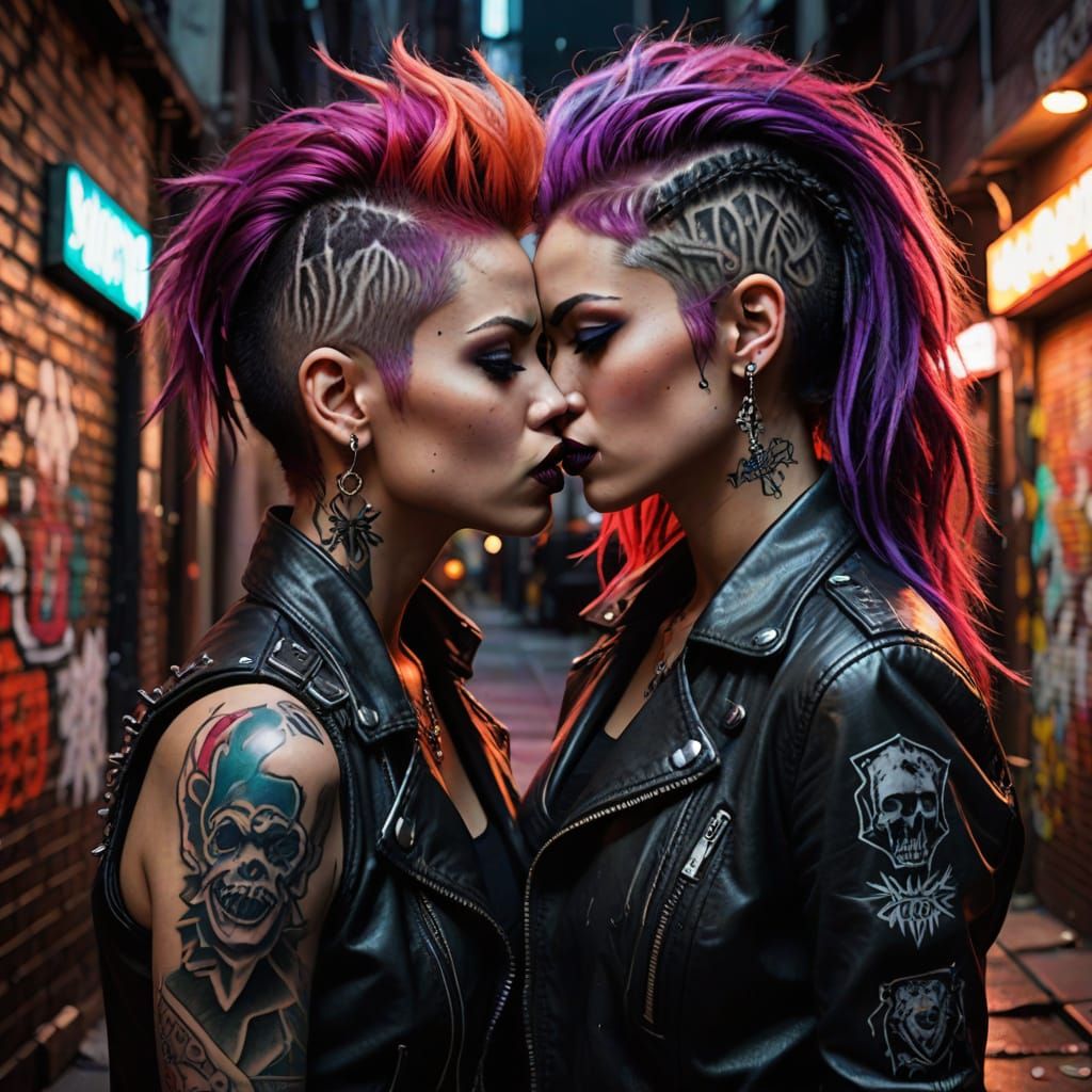 Electric Punk Women Share Passionate Kiss in Graffiti Alley