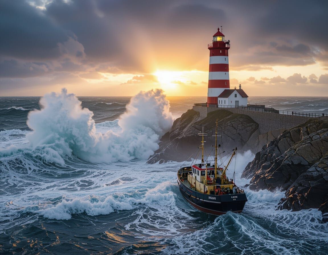 Dramatic Lighthouse and Trawler in Stormy North Sea at Dawn