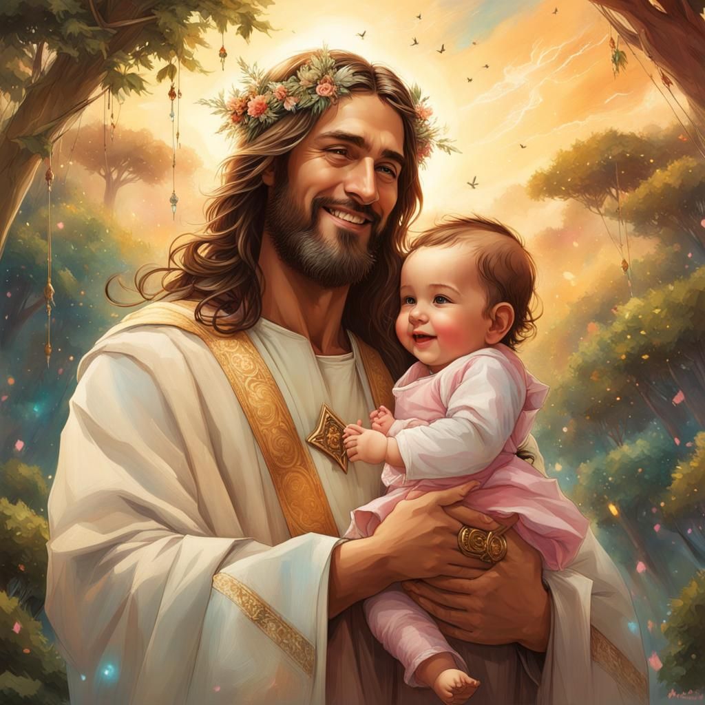 Jesus Holding Baby Girl Portrait, Surreal Sky Background