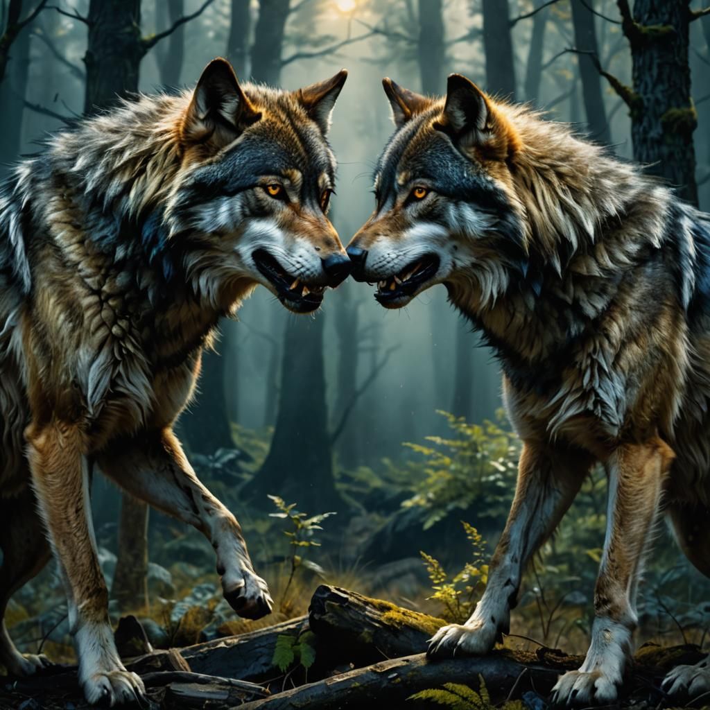 Wolves Clash in Dark Fantasy Chiaroscuro Battle