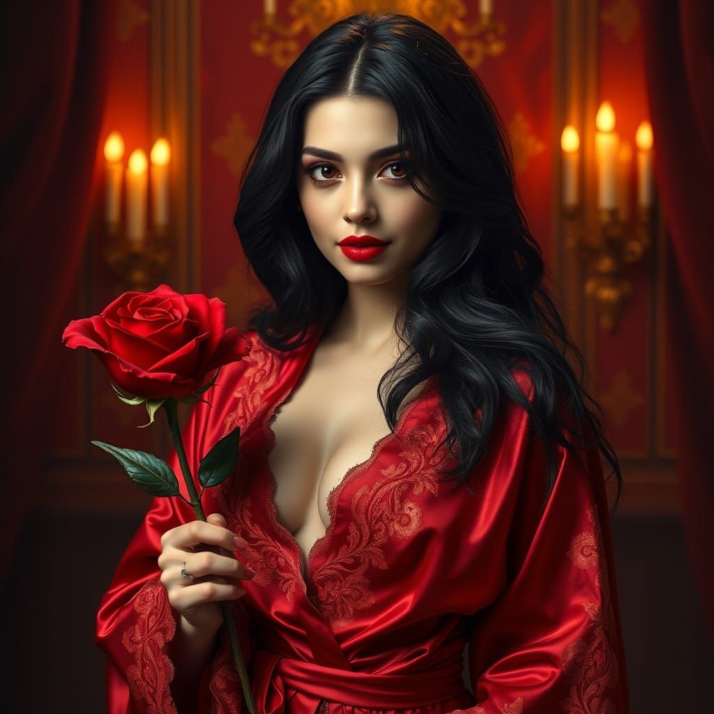 Sultry Woman in Blood-Red Silk Robe, Exuding Mystique and Al...