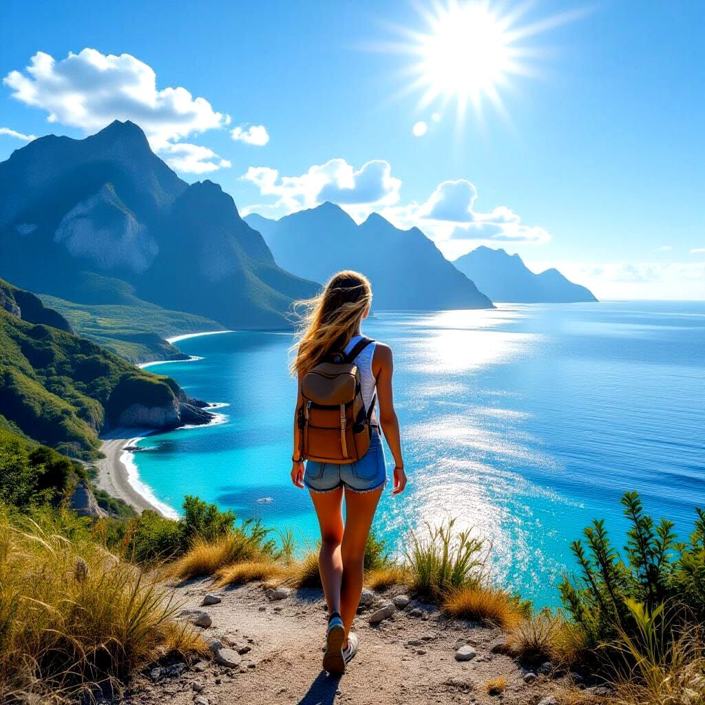 Woman Hikes Coastal Mountain Landscape Under Summer Sun