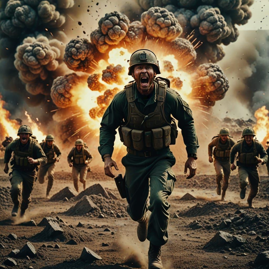 Hyperrealistic Soldier Runs Through Exploding Minefield