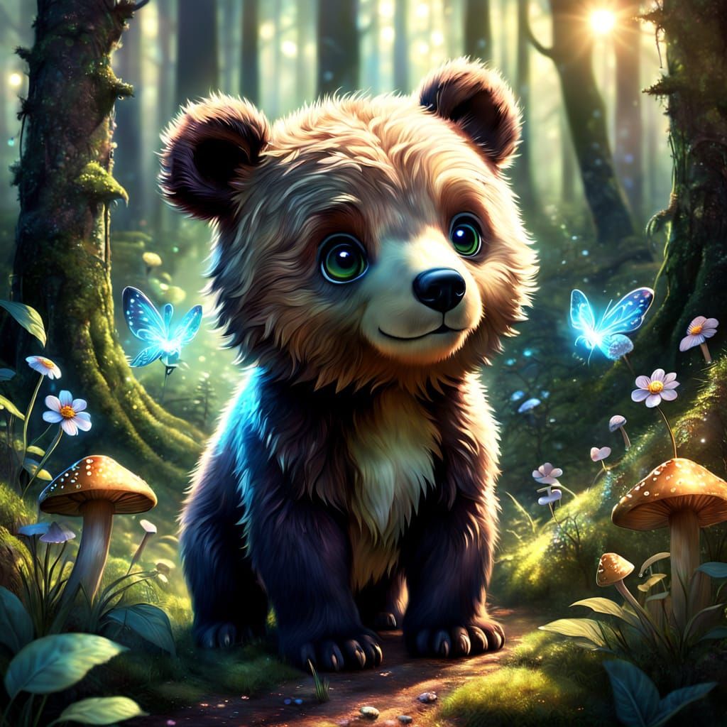 Playful Bear Cub in Enchanted Fairy Forest