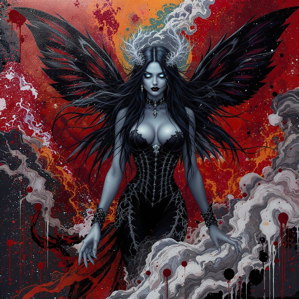 Gothic Fairy with Fire and Ice Wings in Polychromatic Style
