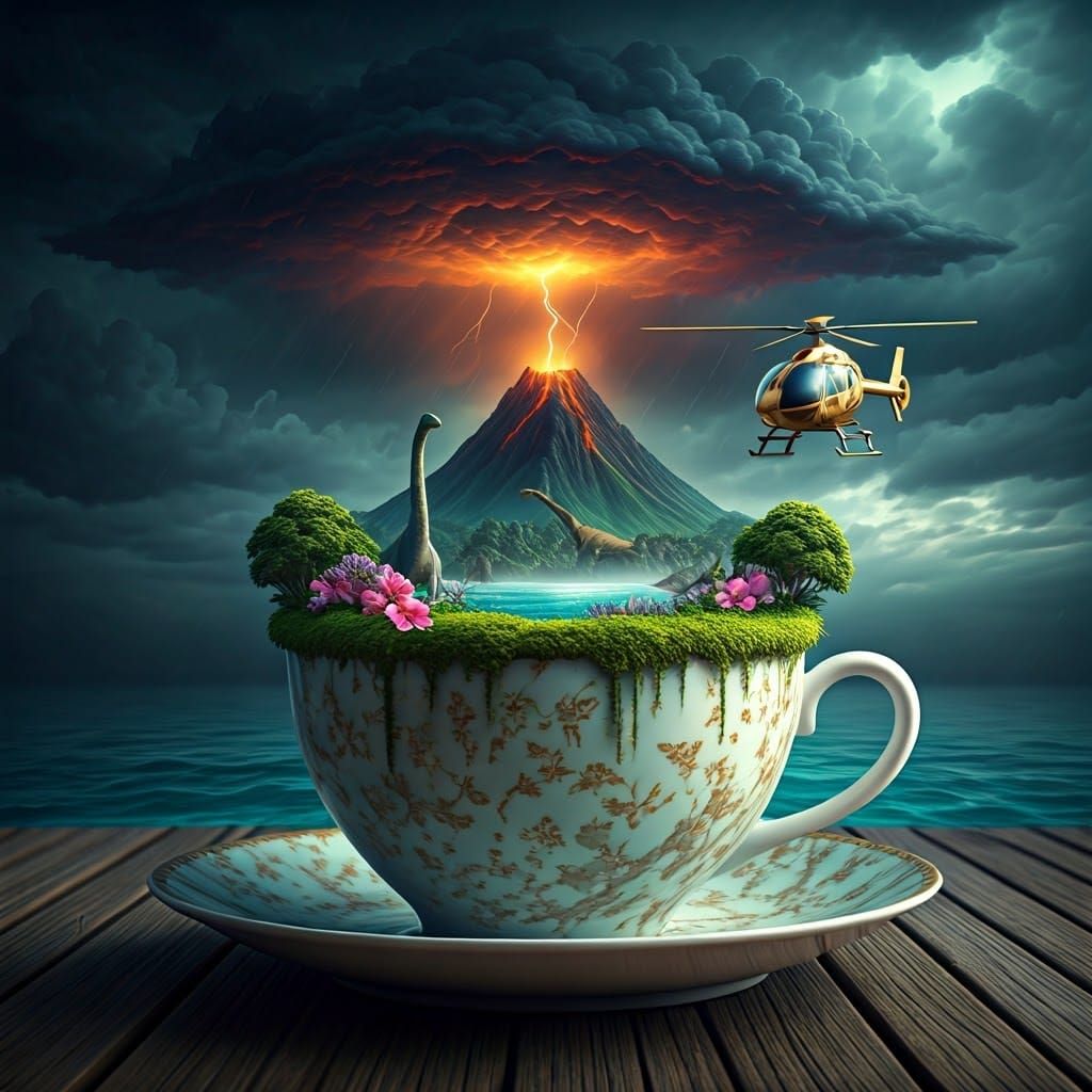 Tropical Island Teacup with Dinosaurs in Surreal Style